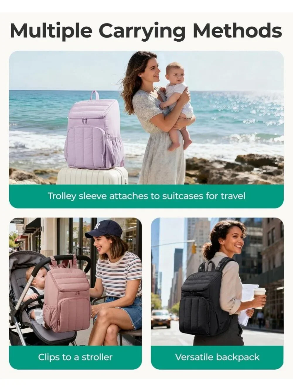 Stylish Large Diaper Bag Backpack for Moms, Quilted, Insulated Pockets